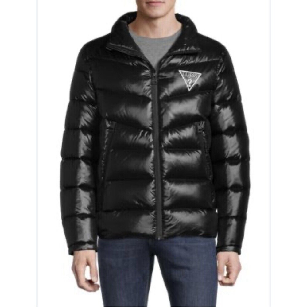 Guess Logo Puffer Jacket Coat Mens Sz XXL Black Quilted High Neck Full Zip NWT